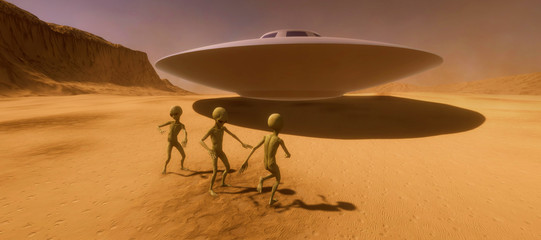 Extremely detailed and realistic high resolution 3d illustration feauturing 3 dancing Grey Aliens on a Mars like planet