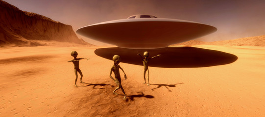 Extremely detailed and realistic high resolution 3d illustration feauturing 3 dancing Grey Aliens on a Mars like planet © Sasa Kadrijevic