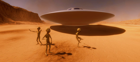 Illustration 3d haute résolution extrêmement détaillée et réaliste mettant en vedette 3 extraterrestres gris sur une planète semblable à Mars
