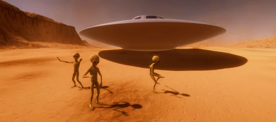 Photo sur Plexiglas UFO Illustration 3d haute résolution extrêmement détaillée et réaliste mettant en vedette 3 extraterrestres gris sur une planète semblable à Mars