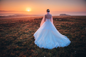 Beautiful bride standing alone in autumn morning sunrise landscape. Wedding photo in nature