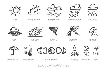 Weather Report hand drawn vector icon set 