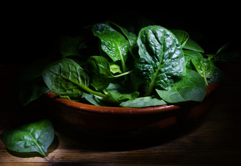 Fresh spinach leaves on rustic background