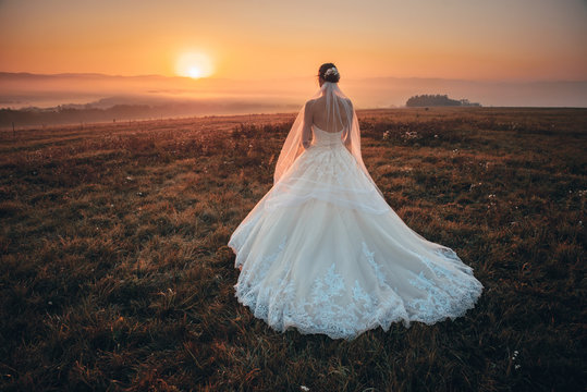 Beautiful Bride Standing Alone In Autumn Morning Sunrise Landscape. Wedding Photo In Nature