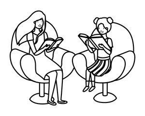 women sitting in sofa with book avatar character