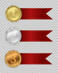 Set of gold, bronze and silver. Winner award competition, prize medal and banner for text. Award medals isolated on transparent background. Vector illustration of winner concept.
