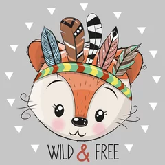 Meubelstickers Kinderkamer Schattige Cartoon tribal vos met veren