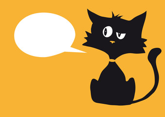 Cartoon cynical cat with one empty white bubble label for custom text, bright orange background, simplicity graphic