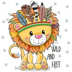 Rolgordijnen Kinderkamer Schattige Cartoon tribal leeuw met veren