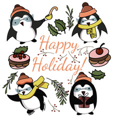 Cute cartoon funny penguins in vector