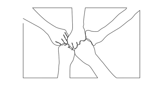 Animation of continuous line drawing of hands of team bumping fists together