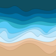 Blue sea and beach background. Sea waves and beach in papers layered style. Beautiful sea and beach background.