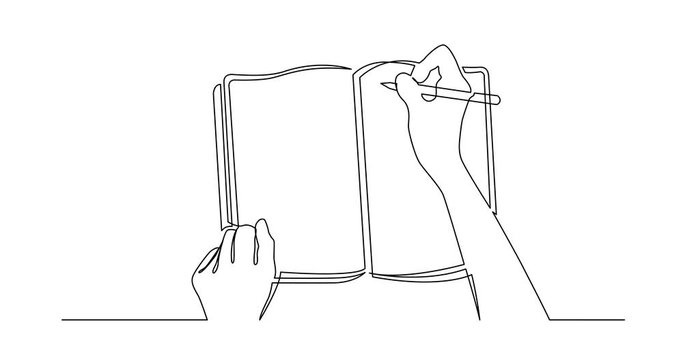 Animation of continuous line drawing of hands writing in workbook