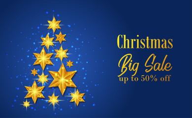 Christmas big sale template with illustration of  tree of shiny golden star