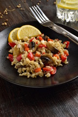 Rice with vegetable and mushroom, vegetarian nutrition, vertical 