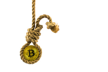 End of bitcoin. Coin bitcoin in the gallows on a white background. Isolated.