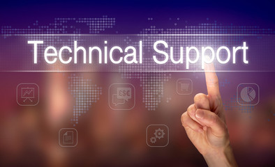 A hand selecting a Technical Support business concept on a clear screen with a colorful blurred background.