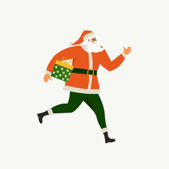 Santa Claus running with a gift box. Santa Claus isolated on white.