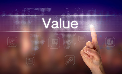 A hand selecting a Value business concept on a clear screen with a colorful blurred background.
