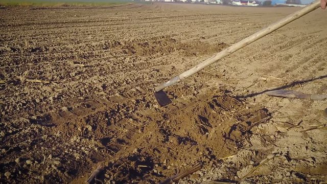 The farmer handles the land with a hoe
