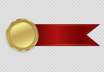Champion medails with red ribbon. Banner. Winner award competition, prize medal and banner for text. Award medals isolated on transparent background. Vector illustration of winner concept.