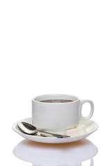 Black coffee in a white cup on a white background.