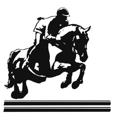 Naklejka premium A rider and horse jumping over an obstacle in a contour light.