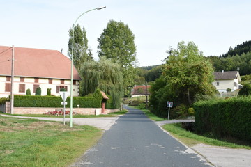 boerderijen aan de toegangsweg tot een dorpje in de Vogezen 