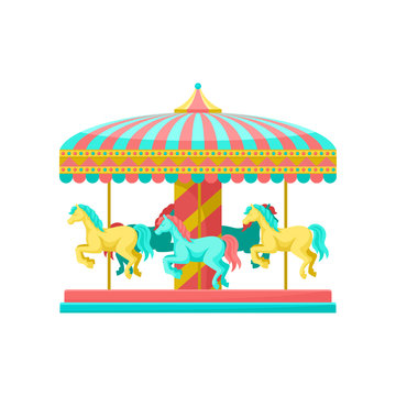 Merry go round carousel with horses, amusement park element vector Illustration on a white background