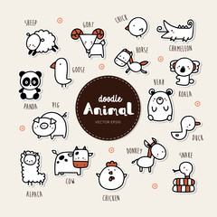 Collection of hand draw Animal icon doodle style.