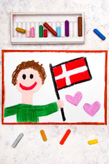 Obraz na płótnie Canvas Colorful drawing: Happy man holding flag Danish flag. Flag of Denmark and smiling boy