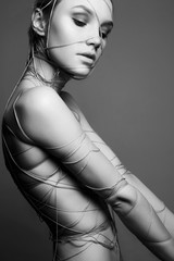 Black and White Fashion portrait. Naked Beautiful Girl