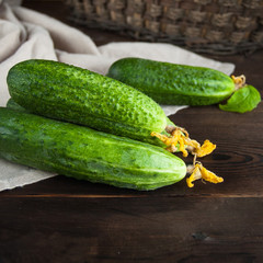 fresh cucumbers on wooden table