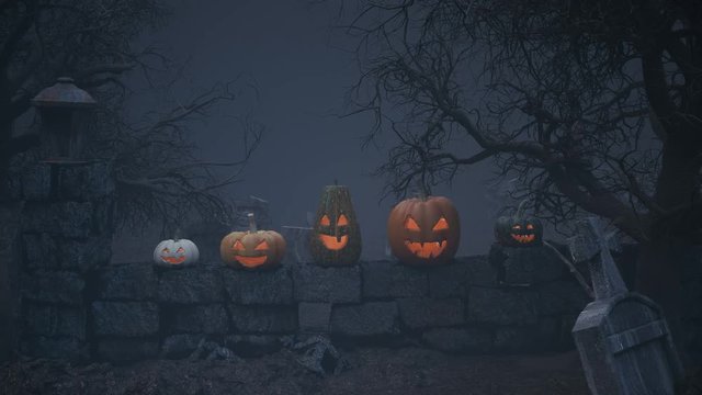 Halloween pumpkin head. Jack o lantern. Sacare Dark Halloween Autumn background. Looping horror film. Loop 5.1 sec.