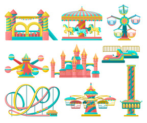 Amusement park design elements set, merry go round, inflatable trampoline, free fall tower, castle, carousel with horses, roller coaster vector Illustration on a white background