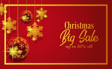 Christmas big sale banner template with illustration of  golden ball snowflake decoration