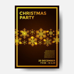 Christmas party poster template with illustration of golden snowflake 