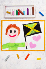 Colorful drawing: Happy man holding Jamaican flag. Flag of Jamaica and smiling boy