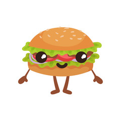 Funny burger with smilling face, cute fast food cartoon character vector Illustration on a white background