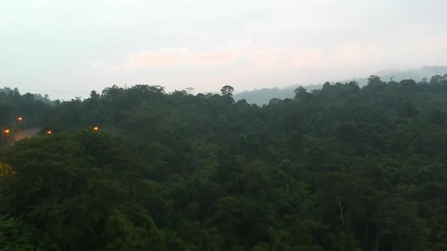The bird ' s eye view of a viewpoint of the Prayao Lake in North of Thailand, the wilderness threes on the moutains in the morning the is covered by the sea of fog till can not see anything below. 