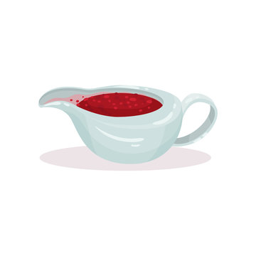 Sauceboat with cranberry sauce, traditional Christmas food  vector Illustration on a white background