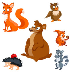 Obraz premium Set of vector cartoon forest animals bear, raccoon, squirrel with a nut, owl, hedgehog with an apple, fox