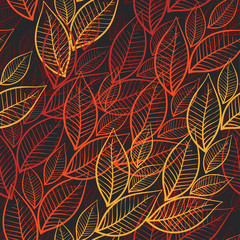Naklejka na ściany i meble Autumnl seamless pattern with leaves on black background. Vector illustration. Sketch.