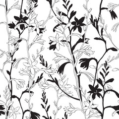 Seamless floral pattern with montbretia. Vector monochrome illustration on a white background.