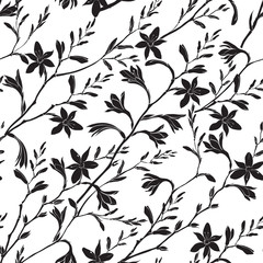 Seamless floral pattern with montbretia. Vector black silhouettes on a white background.
