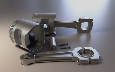 Pistons on background. Car parts. 3D rendering.