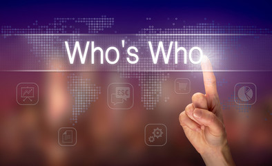 A hand selecting a Who's Who business concept on a clear screen with a colorful blurred background.
