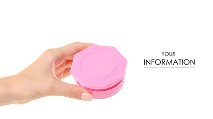 repellent against moths in a pink box in hand pattern on a white background isolation