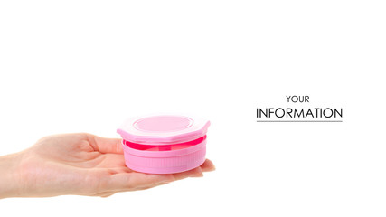 repellent against moths in a pink box in hand pattern on a white background isolation