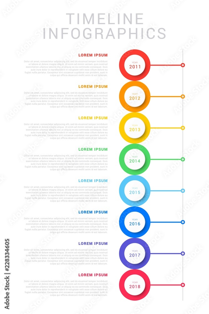 Aufkleber vertical timeline with eight circular elements, year indication and text boxes. simple process diagr